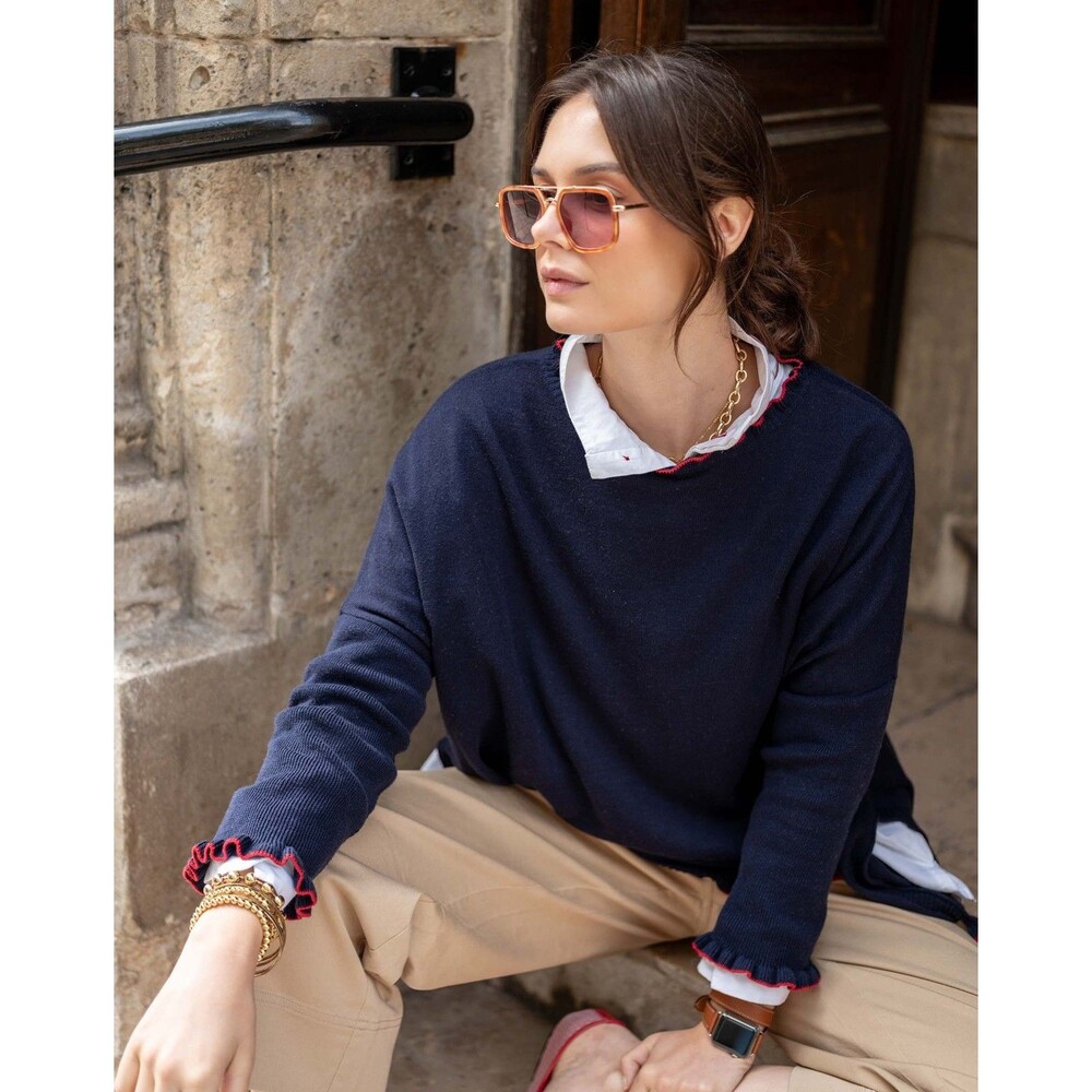 MERSEA Blue Catalina Cotton Ruffle Sweater Dolman Quiet Luxury Preppy ONE SIZE